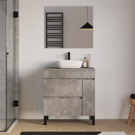 Meuble de salle de bain 80cm avec plateau et vasque à poser arrondie - porte et tiroirs - ciment (gris) - LAZARO (1/5)