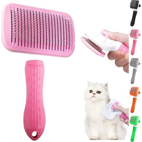 Brosse de toilettage pour animaux, rose - Brosse autonettoyante pour chiens et chats, élimine le sous-poil mort, poils avec particules de massage, manche ergonomique, convient aux races à poils longs (1/5)