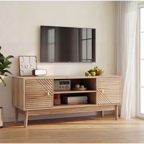 Mueble TV 110x40x48 cm de MDF color roble, con almacenaje, estilo moderno para salón FloraGrace (1/5)