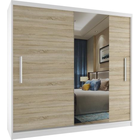 BELINI Grande Armoire 2 Portes Coulissantes VERONA MSE 200 cm - Miroir Intégré & Tringle - Chambre Adulte - Blanc / Chêne Sonoma (1/5)