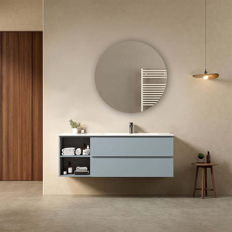 Mobile bagno sospeso 140 cm Blu Avio Lavabo a Destra in Resina Specchio Tondo - Fiji Paint Plus (1/4)