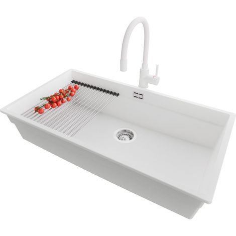 PRIMAGRAN Evier Cuisine en Granit 86x47cm, Lavabo 1 bac + Robinet 38x14cm + Kit de Vidage + Accessoire, Évier à Encastrer au meuble 90cm - Prague Slim, Blanc (1/5)