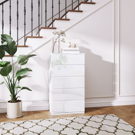 Commode moderne en bois à 5 tiroirs avec système anti-basculement. 55 x 33 x 100 cm. Blanc brillant. (1/5)