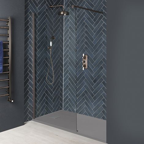 Hudson Reed Augusta - Paroi de Douche Italienne avec Receveur à Effet Texturé Gris Clair 140 x 90cm – Bronze Mat