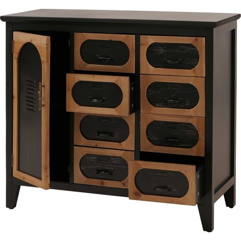Comò da farmacia HHG-289, armadio con cassetti e sportello vintage shabby industriale, 80x91x40 cm, telaio nero