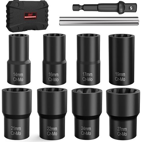 Kit d'extraction de boulons, jeu de 10 douilles pour écrous de roue, kit d'extraction de boulons antivol de roue à impact pour retirer les boulons, écrous et vis de roue endommagés, grippés, rouillés 