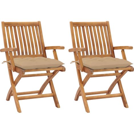 Lot de 2 Chaises de jardin Fauteuils de Jardin avec coussins beige Bois de teck massif 10453 (1/5)