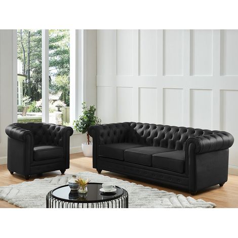 Fauteuil en cuir de buffle noir CHESTERFIELD (1/2)