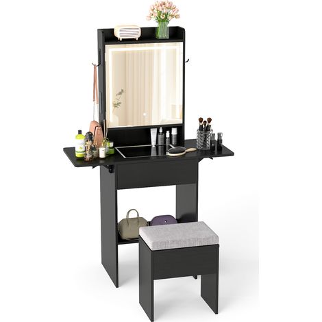 COSTWAY Vanity Desk with Lighted Mirror 3 Color Modes Foldable Panels Power Outlets Black (1/5)