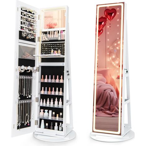 GOPLUS Armoire à Bijoux Pivotante à 360° avec Lumières LED/Miroir Pleine Longueur- Verrouillable avec Étagères de Rangement Blanc (1/5)