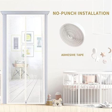 Moustiquaire de Porte Magnétique 140x240 cm Fermeture Automatique Rideau Toiles Ultra Fines Anti insectes Mouche Moustique, Pour Porte Patio Couloirs Fenêtres,, Blanc (1/5)