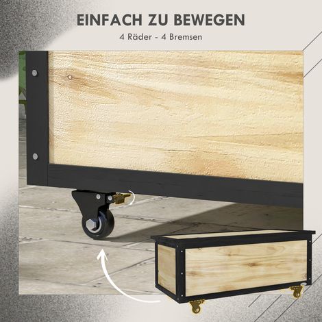 Coffre de jardin 121L en bois massif, 100x50x43 cm, résistant aux intempéries, 2 roulettes, charnières en métal (1/4)