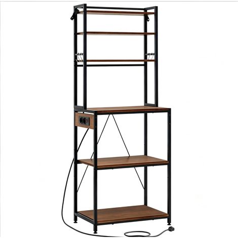 Étagère de cuisine avec prises électriques, rangement multi-étages 60x40x167 cm, noir et brun rustique (1/5)