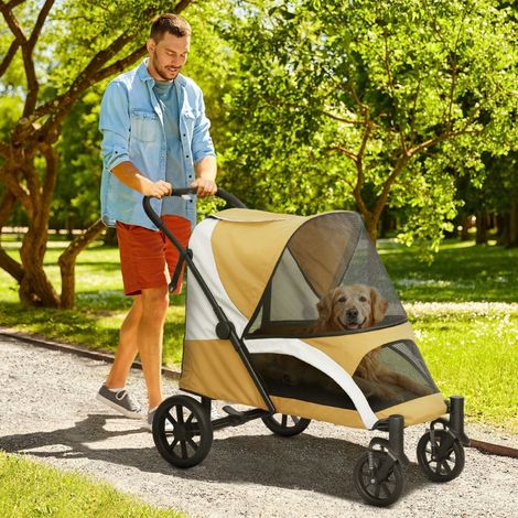 Chariot pour chien pliable, buggy pour grands chiens, poussette animal 4 roues avec laisse sécurité et freins, marron (1/5)