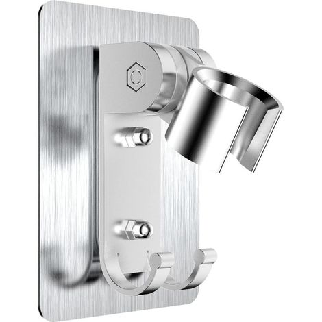 Self-Adhesive Shower Head Holder, Adjustable No-Drilling Holder with 2 Hooks, Reusable Shower Head Holder with Strong Adhesion (Silver) (1/5)