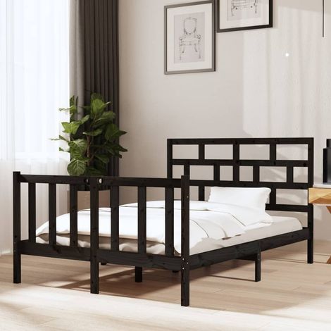 Lit double-135 x 190 cm, Cadre de lit, Lit adulte, Structure de lit Noir Bois de pin massif 135x190 cm Double PDKEI95272 (1/5)