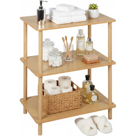 Estantería Relaxdays 79 x 60 x 40 cm, 3 baldas, MDF y bambú, para baño, salón y cocina, natural (1/5)