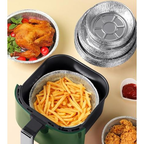 KOWOLL 50 plaques de cuisson jetables en aluminium - Plaque ronde en métal pour friteuse à air chaud, four ou camping (argenté, pour friteuse de 8 pouces et 5 à 8 L) (1/4)