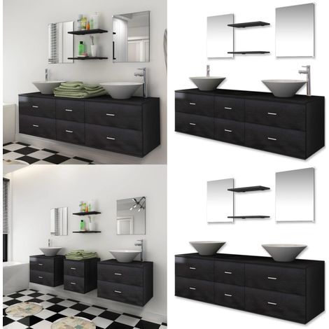 Set Mobili da Bagno 9 pz con Lavabo e Rubinetto Nero - Armadietto da toeletta - Specchio da bagno