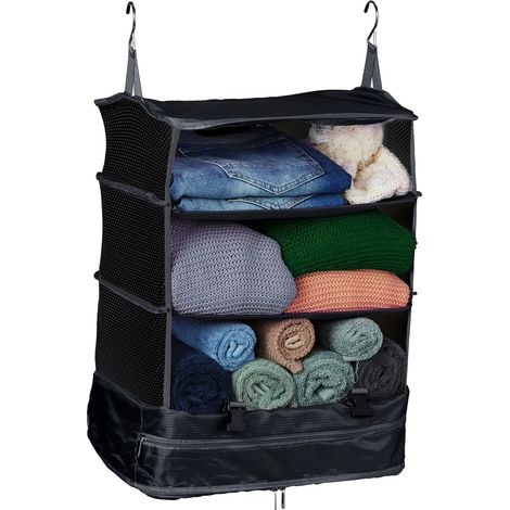Relaxdays Organizador Armario Colgante, 55 x 44 x 30 cm, Tela, Plegable, 4 Compartimentos, Almacenaje Portátil, Negro