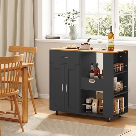 Carrello da cucina 102x46x92 cm - con cassetti e ripiani aperti - contenitore multifunzionale - con superficie in legno - 3 portaspezie - Nero