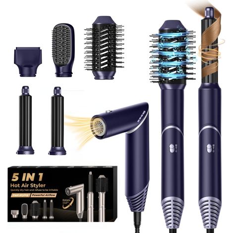 Sèche Cheveux 5 en 1 Air Brush Ionique Brosse Soufflante Airstyler 5 en 1 avec Brosse Chauffante Brushing Boucleur a Cheveux Appareils et Outils de Coiffure Coffret Cadeau Femme, Bleu/Argent (1/5)