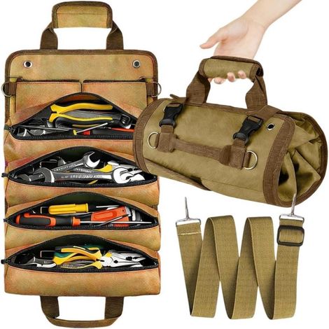 Sac à outils enroulable, 33 x 48,7 cm, gadget pour, sac à outils, avec bandoulière réglable et poignée de transport, marron (1/5)