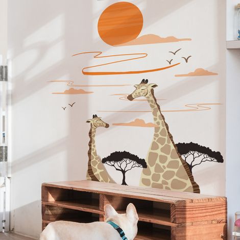 Sticker mural girafe soleil pour chambre à coucher, chambre d'enfant, forêt de dessin animé, autocollant mural animal africain, décoration murale artistique (1/3)