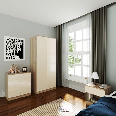 ELEGANT 3 Piece Bedroom Wardrobe Furniture Sets, 2 Door Soft Hinge Wardrobe, 4 Drawer Chest of Drawers, Beside Cabinet, Cream/Oak Bedroom Furniture Sets (1/5)