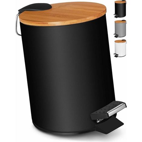 Poubelle de salle de bain 3L à pédale avec fermeture douce, poubelle cosmétique au design élégant et couvercle en bambou noir (1/5)