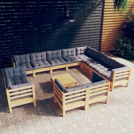 13-tlg. Garten-Lounge-Set mit Grauen Kissen Massivholz Kiefer vidaXL (1/5)