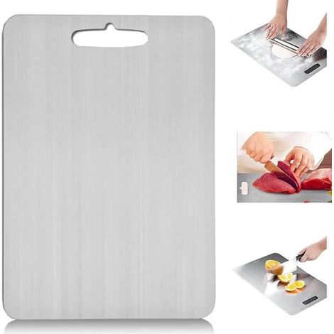 tabla de cortar, resistente moho acero inoxidable 304 reforzado, práctica tabla cortar acero inoxidable doble cara alimentos (2515CM), plateada (1/5)