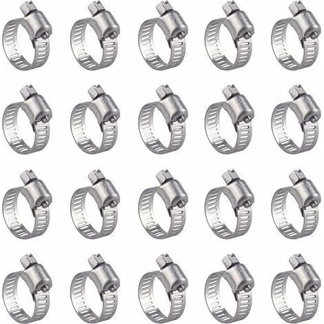 Confezione da 20 fascette stringitubo in acciaio inox regolabili (16-25 mm), resistenti alla ruggine, per il fissaggio di tubi. (1/4)