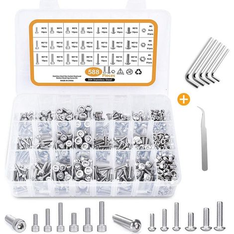 Assortimento di viti 588 M3 M4 M5 M6 - Viti a testa esagonale metrica - Acciaio inossidabile 304 - Argento, (1/5)