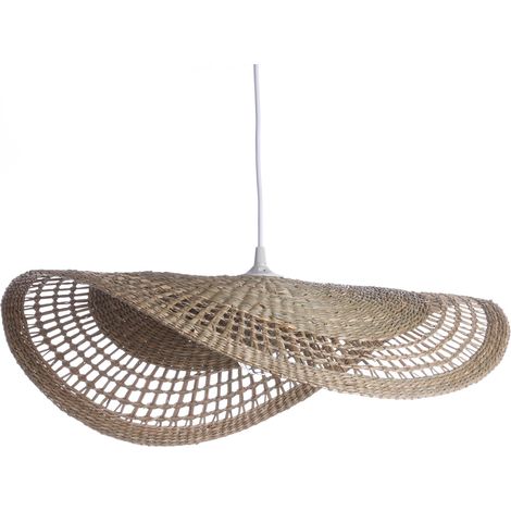 Luminaire Ondine, lustre bohème, naturel - lampe suspendue en rotin tressé naturel - cable plastique blanc, douille E27 - possibilité ampoule LED - 60W maxi, Diam. 60 x H. 10 cm (1/5)