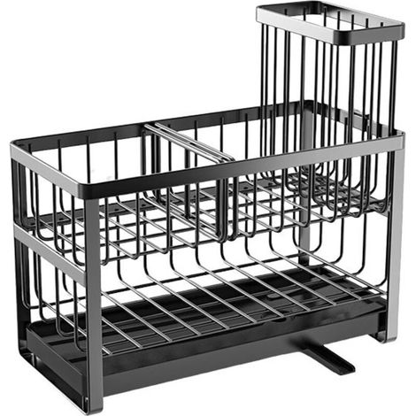 Égouttoir à éponges de cuisine, boîte de rangement à deux niveaux pour évier avec porte-brosse haut, noir