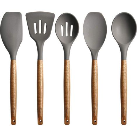 YMYNY Ensemble d'ustensiles de cuisine en silicone antiadhésif avec manche en bois dur d'acacia naturel, 5 pièces, gris, résistant à la chaleur élevée