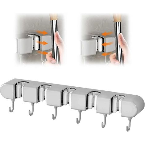Support mural pour balai, 5 supports et 6 crochets, sans perçage, support mural pour outils de jardin, supports pour balais à franges (gris) (1/5)