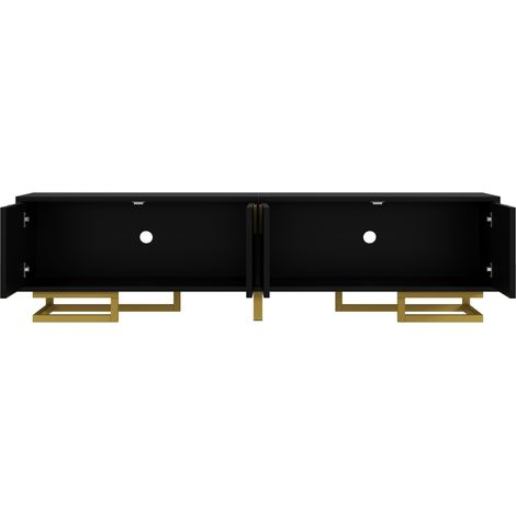 Meuble TV Lowboard noir avec portes texturées, poignées et pieds dorés, 160x38x44,5 cm (1/5)