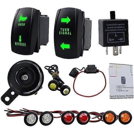Kit de intermitentes precableado con bocina, interruptor de luces de emergencia y luz de marcha atrás para UTV, ATV y SSV. (1/5)