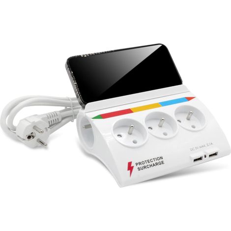 Fishtec – Multiprise de table 5 prises couleurs – 2 USB – Protection contre surcharge – Pieds antidérapants – Support téléphone intégré