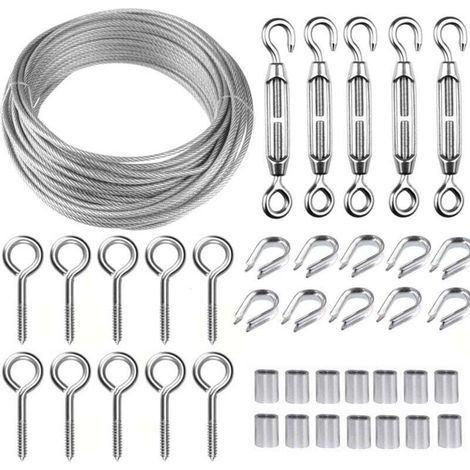 Kit de cable de suspensión de acero inoxidable de 30 m, kit de cuerdas metálicas, cable de acero inoxidable revestido de 2 mm, con tensor M5 y ganchos de ojo, para plantas trepadoras, barandillas (1/4)