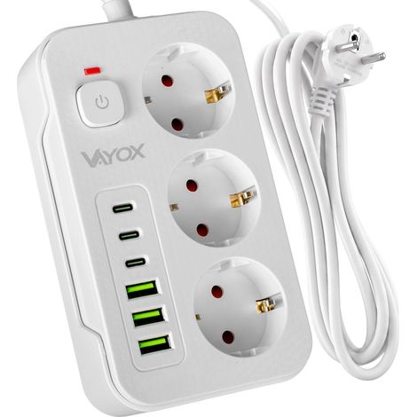 Multiprise Vayox VA0468W-2, 3 prises 10 A, 3 ports USB-A, 3 ports USB-C 2,1 A, interrupteur, câble de 2 m, blanc (1/5)
