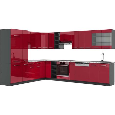 Cuisine en angle Fame-Line, Rouge bordeaux Haute brillance/Anthracite, 347 x 257 cm, PT Marbre, Vicco (1/5)