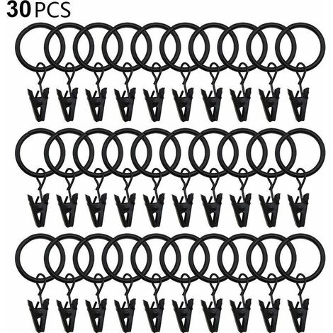 Schwarze Metall-Gardinenringe – 30-teiliges Set mit stabilen Clips und Haken für Spannstangen, passender Innendurchmesser