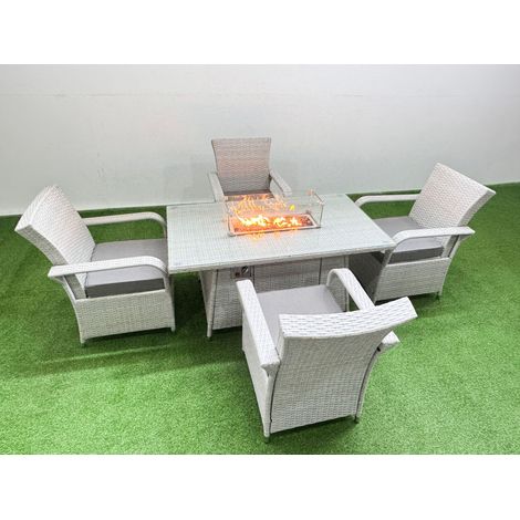 Fimous Outdoor Rattan Garden Furniture Set Patio 4 Chairs Plus Gas Fire Pit Table Sets Light Grey Mixed (1/5)