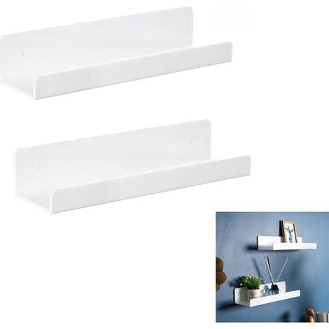 Estantería de pared de 2 piezas sin necesidad de taladrar, Estantería, 38 x 11 x 7,8 cm, Incluye adhesivo resistente y tornillos, Color blanco (1/5)