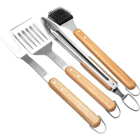 Kit BBQ 4 Pièces Acier Inoxydable pour Barbecue Extérieur Compatible Grill Fourche Spatule Pince Brosse Manche Bois Durable (1/5)