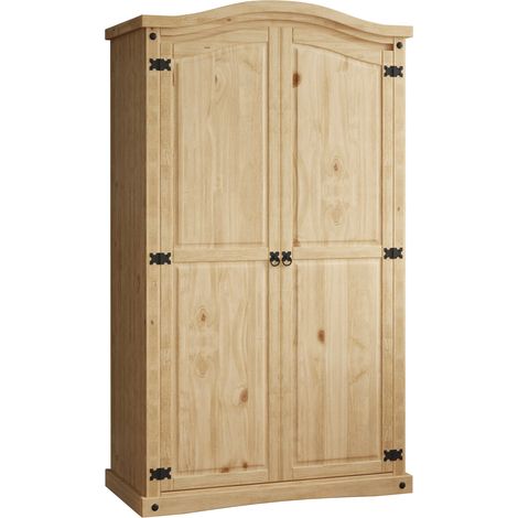 Corona 2 Door Wardrobe Solid Pine With Handing Rail & Storage Shelf
