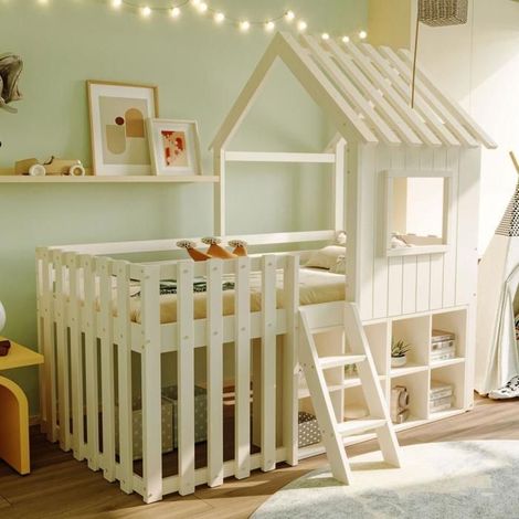 Lit cabane enfant - KOMHTOM - 90x200 cm - Bois massif - Avec toit et fenêtre - Rangement ouvert & tiroirs (1/5)